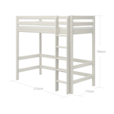 Weißes FLEXA-Hochbett aus der CLASSIC-Serie mit Leiter, Sicherheitsgitter und Stauraum unter dem Bett, abgebildet in einem Kinderzimmer.