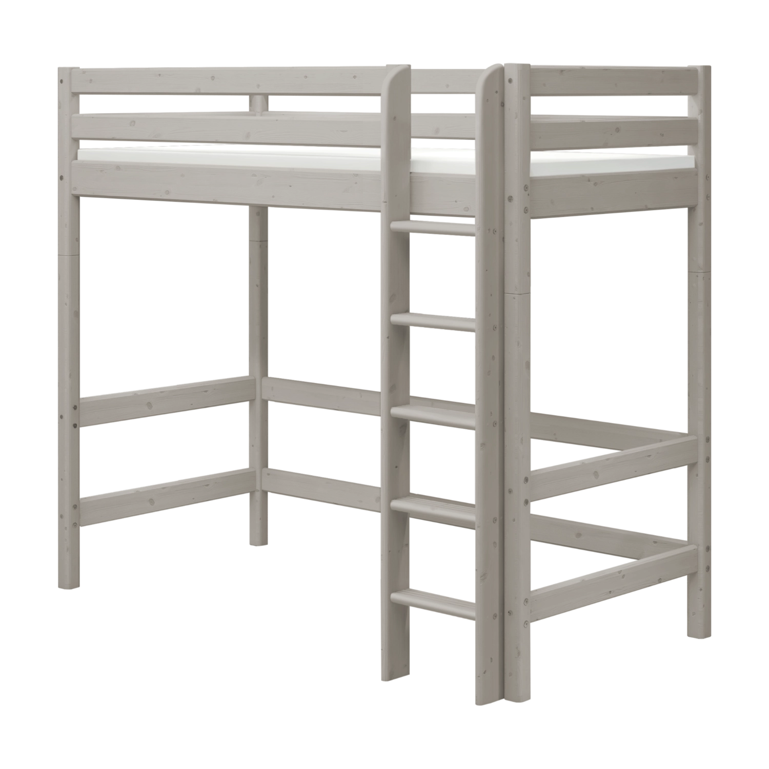 Lit surélevé FLEXA en pin gris avec échelle, barrières de sécurité pour enfants et espace libre en dessous ; présenté sur fond blanc.