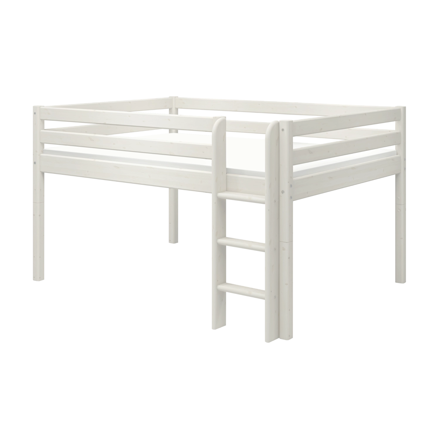 Lit surélevé blanc FLEXA de la collection CLASSIC, avec barrière de sécurité et échelle, conception adaptée aux enfants, photographié sur fond uni.