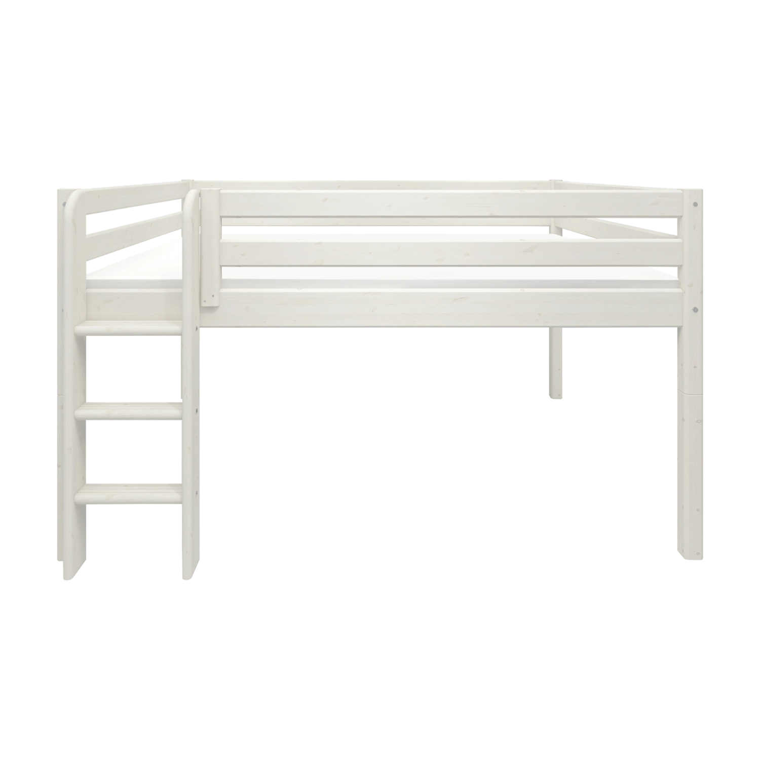 FLEXA bed from WHITE collection, 140x200 cm, with ladder and safety rail, white finish, child-safe for children’s rooms.