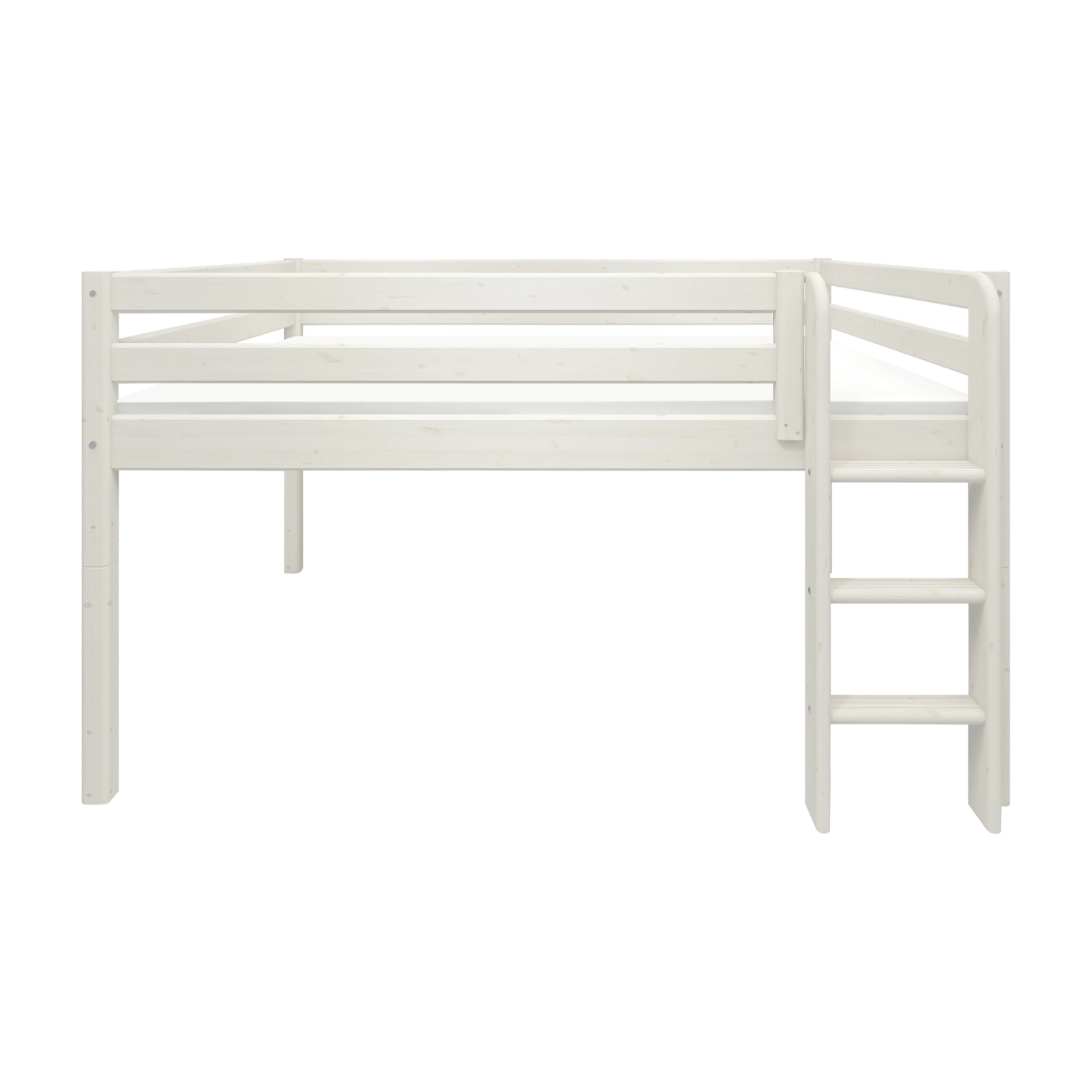 FLEXA WHITE high bed from NOR collection, white pine, ladder and safety rail, shown in a minimal children’s bedroom.