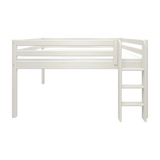 FLEXA WHITE high bed from NOR collection, white pine, ladder and safety rail, shown in a minimal children’s bedroom.