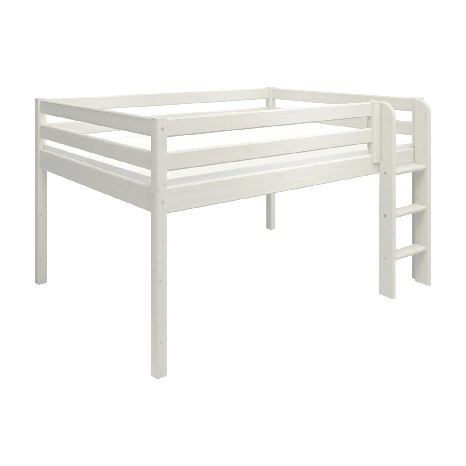 FLEXA high bed from CLASSIC range in white pine, safety rail, right-side ladder, child’s room setting.