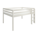 FLEXA high bed from CLASSIC range in white pine, safety rail, right-side ladder, child’s room setting.