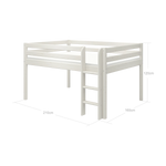 FLEXA high bed from WHITE collection with safety rail and ladder, white finish, shown in a child’s bedroom setting.