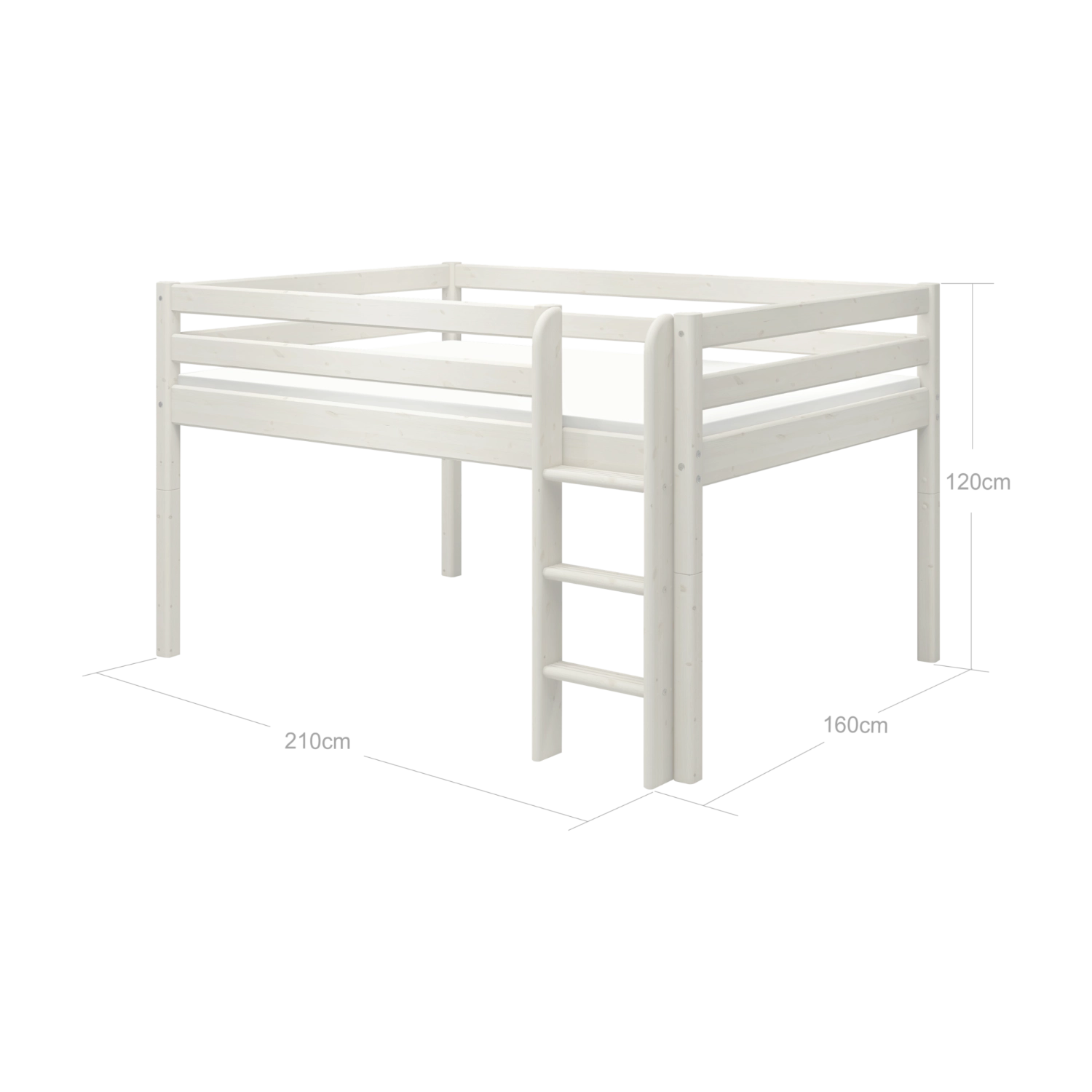 FLEXA high bed from WHITE collection with safety rail and ladder, white finish, shown in a child’s bedroom setting.
