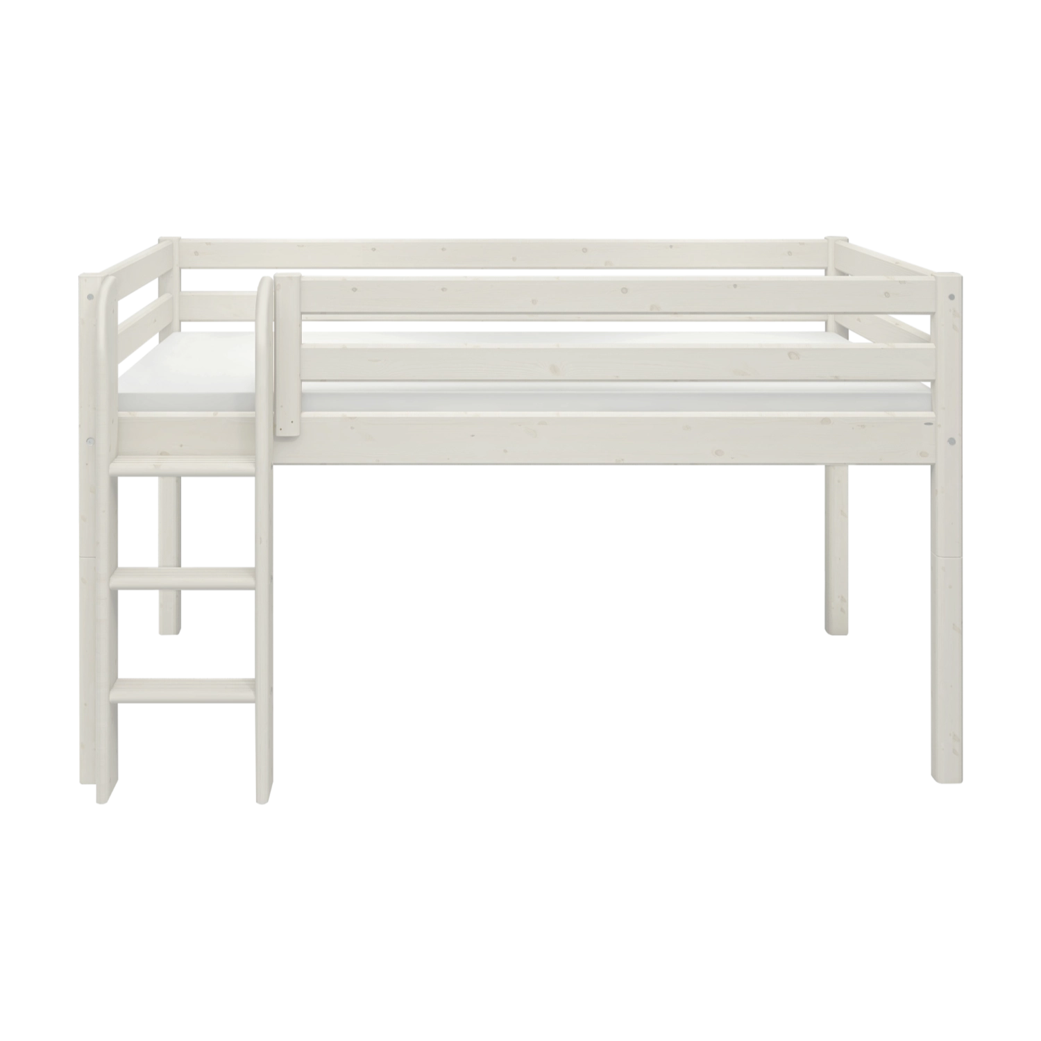 FLEXA-Hochbett aus der WHITE-Kollektion, weiße Ausführung, mit Sicherheitsgitter und Leiter, abgebildet vor einem einfarbigen Hintergrund.