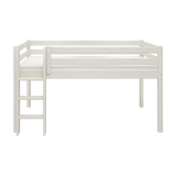 FLEXA-Hochbett aus der WHITE-Kollektion, weiße Ausführung, mit Sicherheitsgitter und Leiter, abgebildet vor einem einfarbigen Hintergrund.