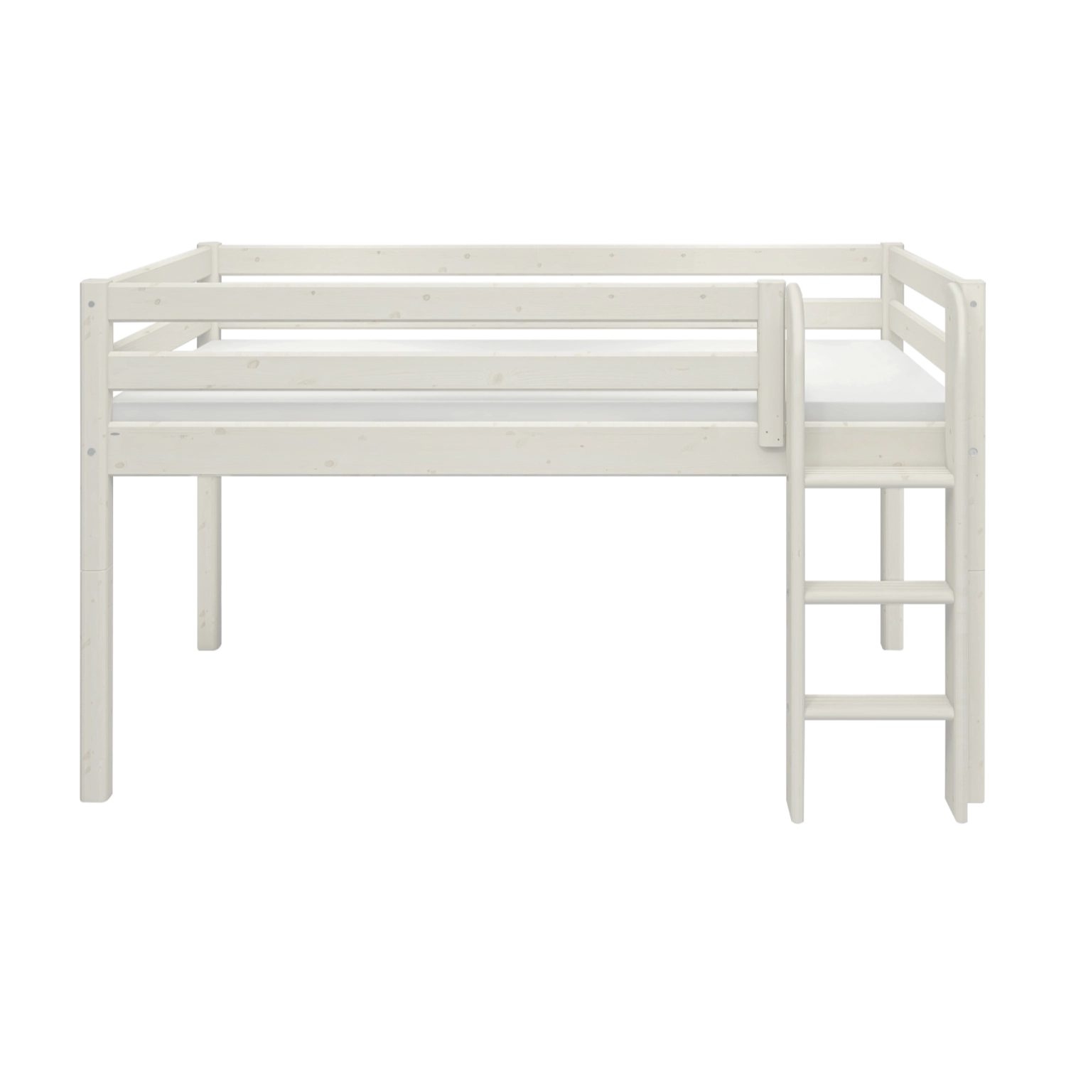 FLEXA-Hochbett aus der CLASSIC-Serie, Weißkiefer, 90 x 200 cm, Leiter rechts, Schutzgitter, Einrichtung für ein Kinderzimmer.