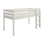 FLEXA-Hochbett aus der WHITE-Kollektion, weiße Ausführung, Leiter auf der rechten Seite, Sicherheitsgeländer, kindersicheres Design vor schlichtem Hintergrund.
