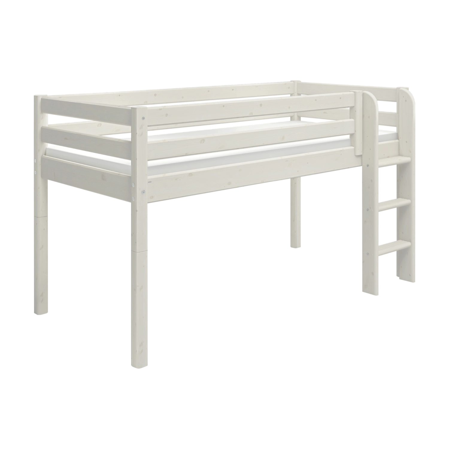 FLEXA-Hochbett aus der WHITE-Kollektion, weiße Ausführung, Leiter auf der rechten Seite, Sicherheitsgeländer, kindersicheres Design vor schlichtem Hintergrund.