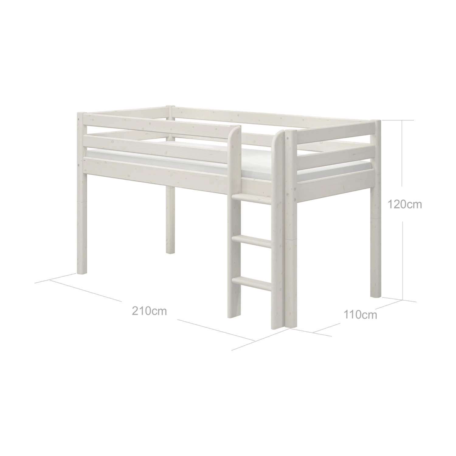 Das Hochbett „FLEXA WHITE“ aus der CLASSIC-Serie, 90 x 200 cm, mit Schutzgitter und Leiter, in einem Kinderzimmer.