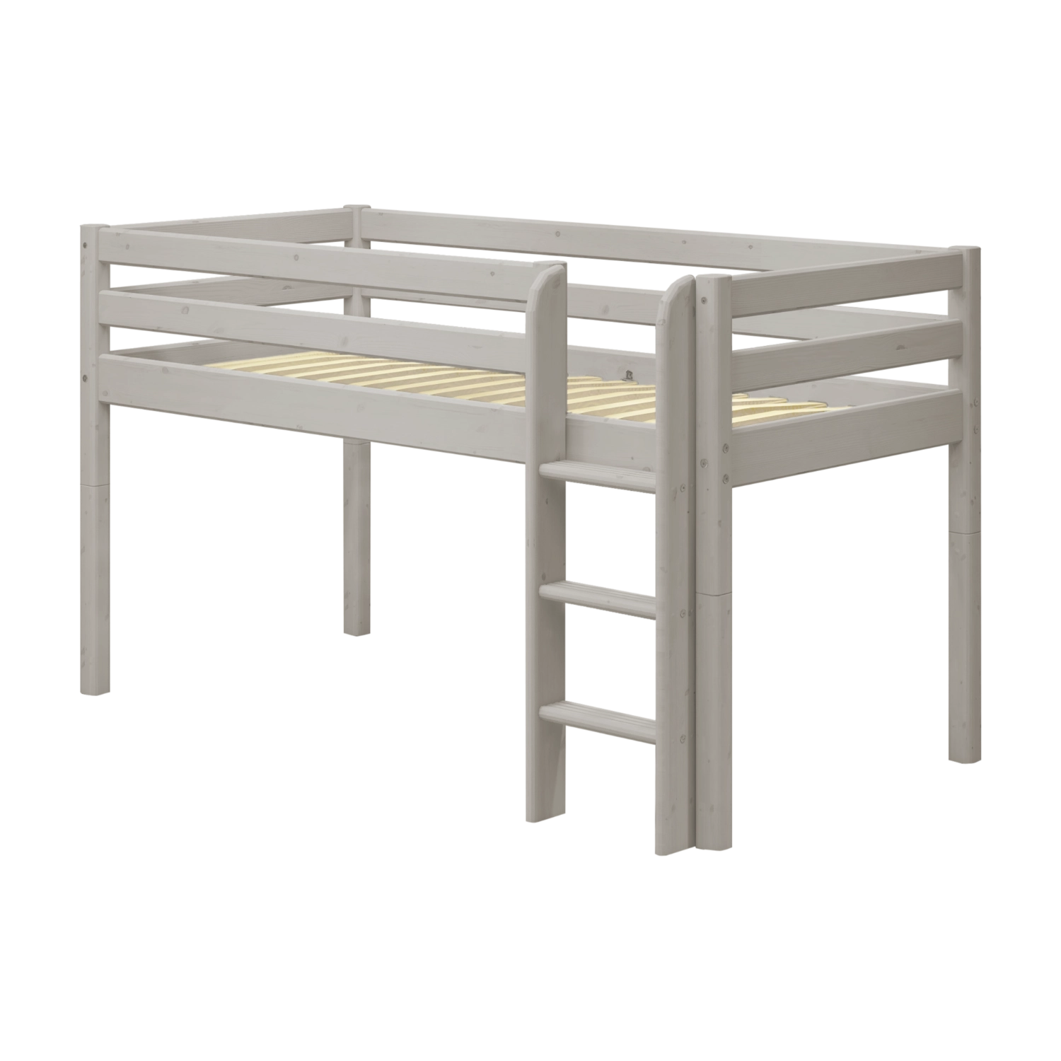 FLEXA CLASSIC Hochbett aus grauer Kiefer mit Leiter und Beinen, mit rutschfester Leiter auf der rechten Seite, sichtbaren Geländern und kindersicherer Konstruktion.