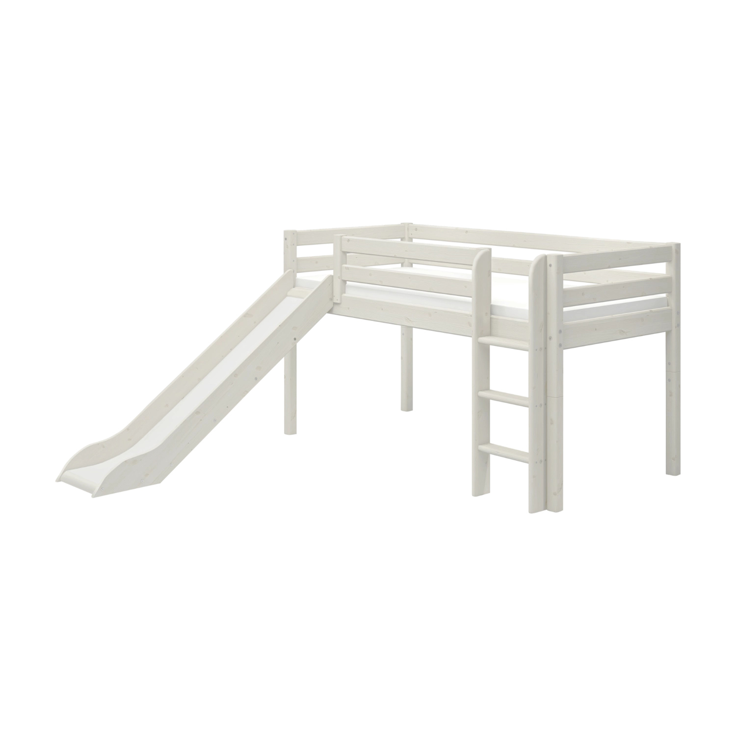 FLEXA WHITE Hochbett mit Rutsche und Leiter, Kollektion CLASSIC, kindersichere Kanten, Holzoptik, einfarbiger Hintergrund.