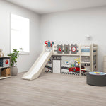 FLEXA-Hochbett 120 cm in Weiß mit Rutsche, Leiter und Feuerwehr-Motiv; kindersichere Ausführung für das Kinderzimmer.