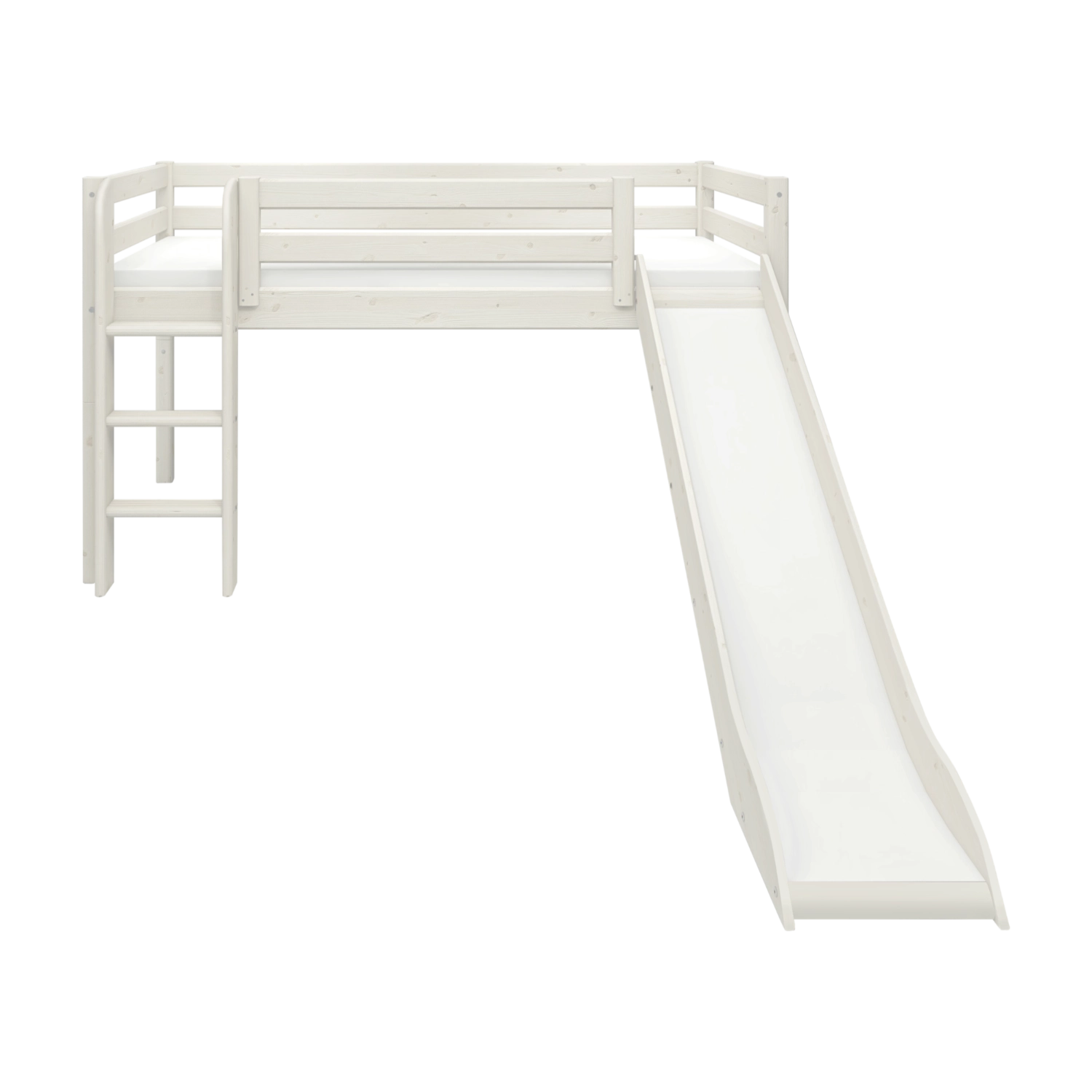 Weißes FLEXA CLASSIC Hochbett mit Rutsche und Leiter, kindersichere Ausführung, in einem Kinderzimmer, 90 x 200 cm.