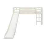 Weißes FLEXA-Hochbett mit Leiter und Rutsche, 90 x 200 cm, mit gut sichtbaren kindersicheren Seitengittern im Kinderzimmer.