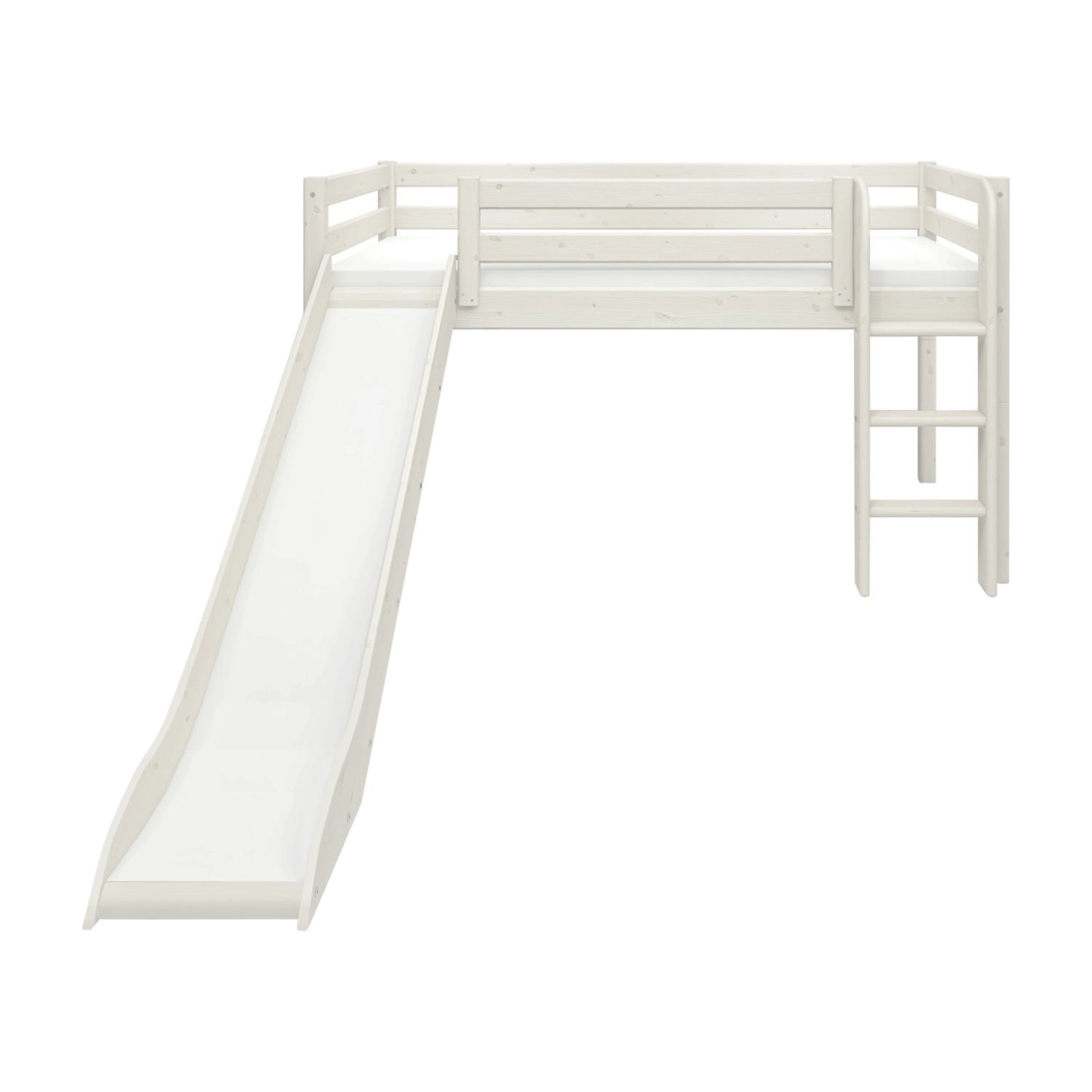 Weißes FLEXA-Hochbett mit Leiter und Rutsche, 90 x 200 cm, mit gut sichtbaren kindersicheren Seitengittern im Kinderzimmer.