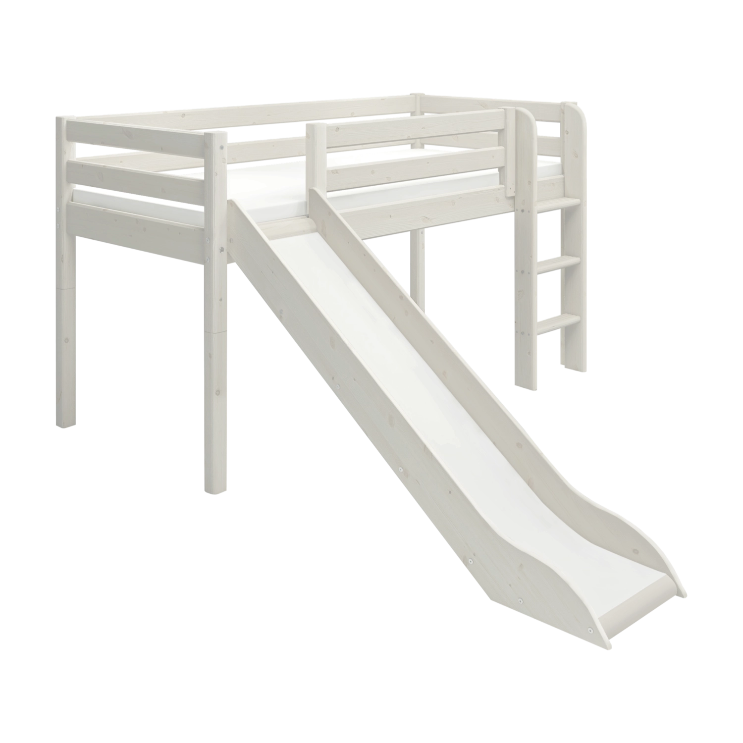 Weißes Hochbett „FLEXA CLASSIC“ mit Rutsche und Leiter sowie kindersicheren Seitengittern, abgebildet in einem Kinderzimmer.