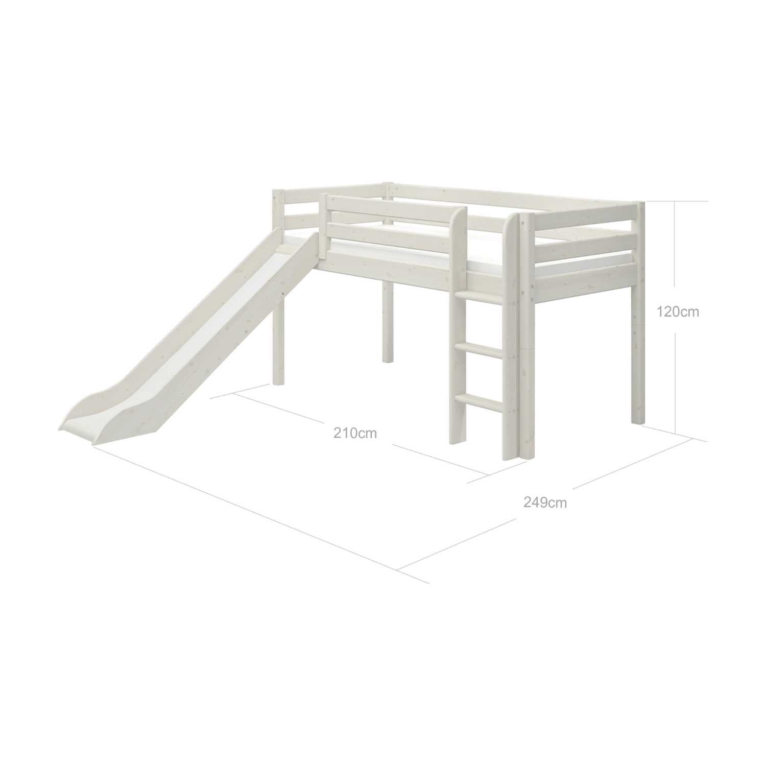 FLEXA WHITE Hochbett mit Rutsche und Leiter, kindersichere Ausführung, abgebildet in einem hellen Kinderzimmer.