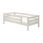 FLEXA single white bed with safety rail, Scandinavian style, wood finish, child-safe design on plain background.