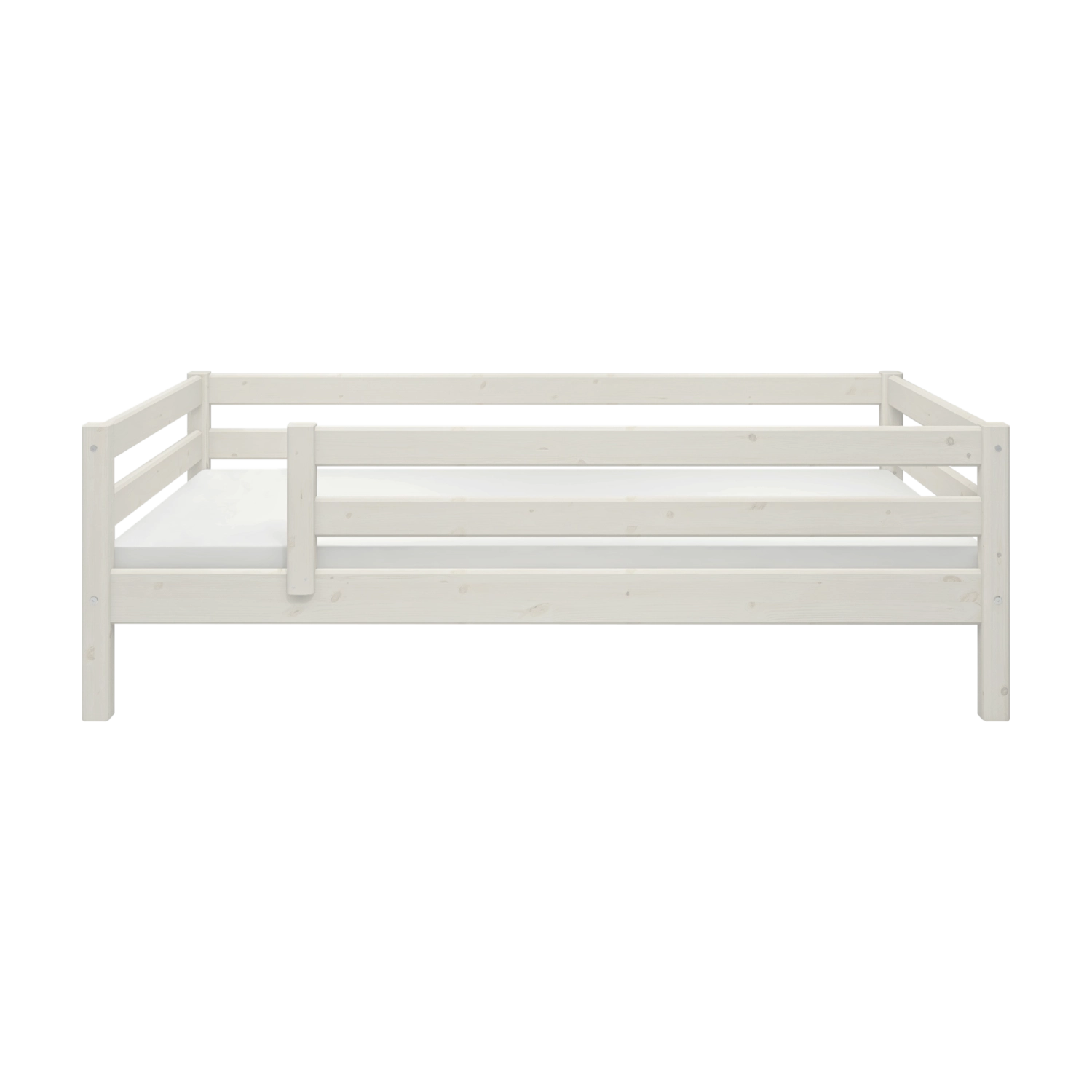 FLEXA single bed from WHITE PINEWOOD range, Scandinavian style, visible three-side safety rails for children’s room.