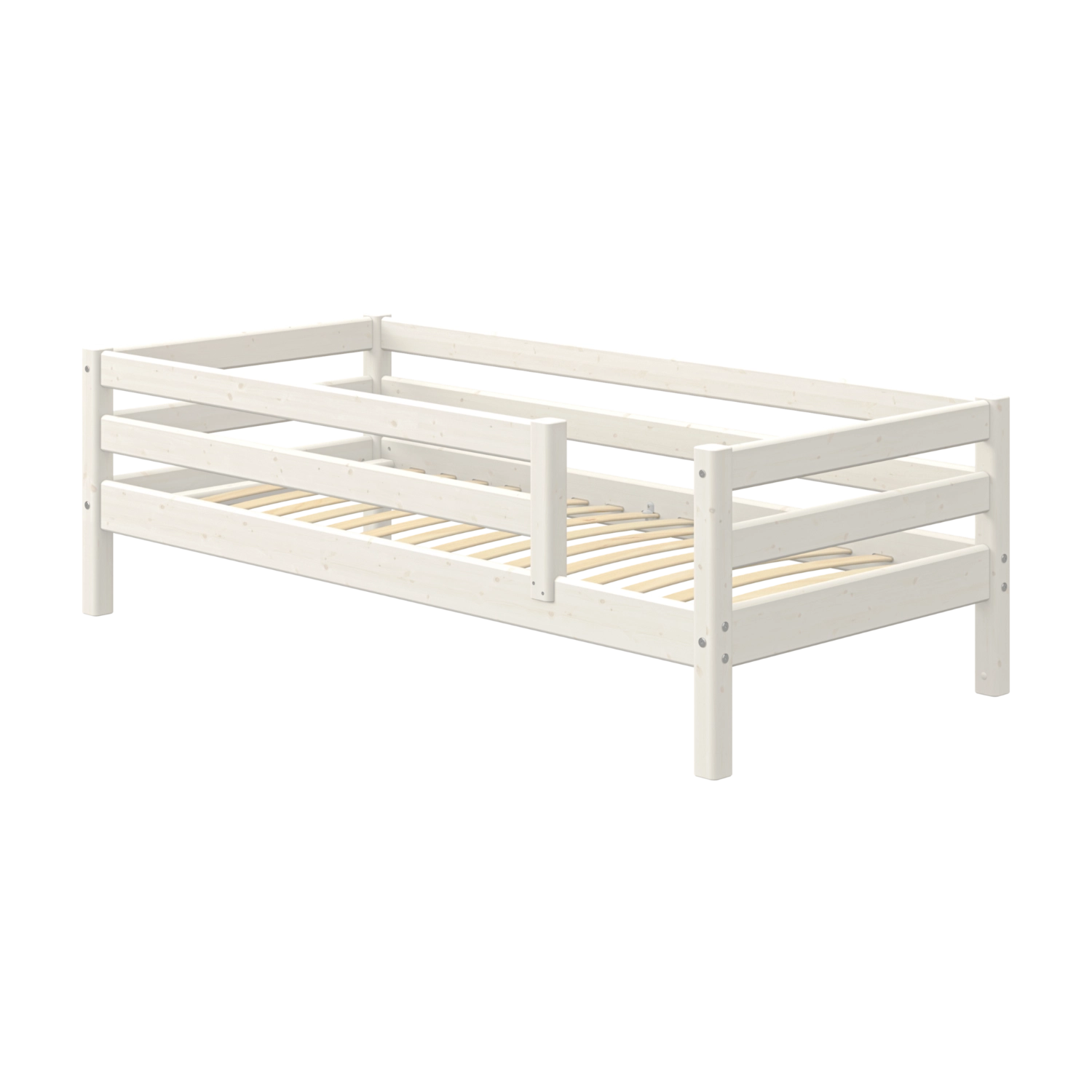 FLEXA single bed from WHITE collection with safety rail, white finish, slatted base, child-safe design for toddler’s room.