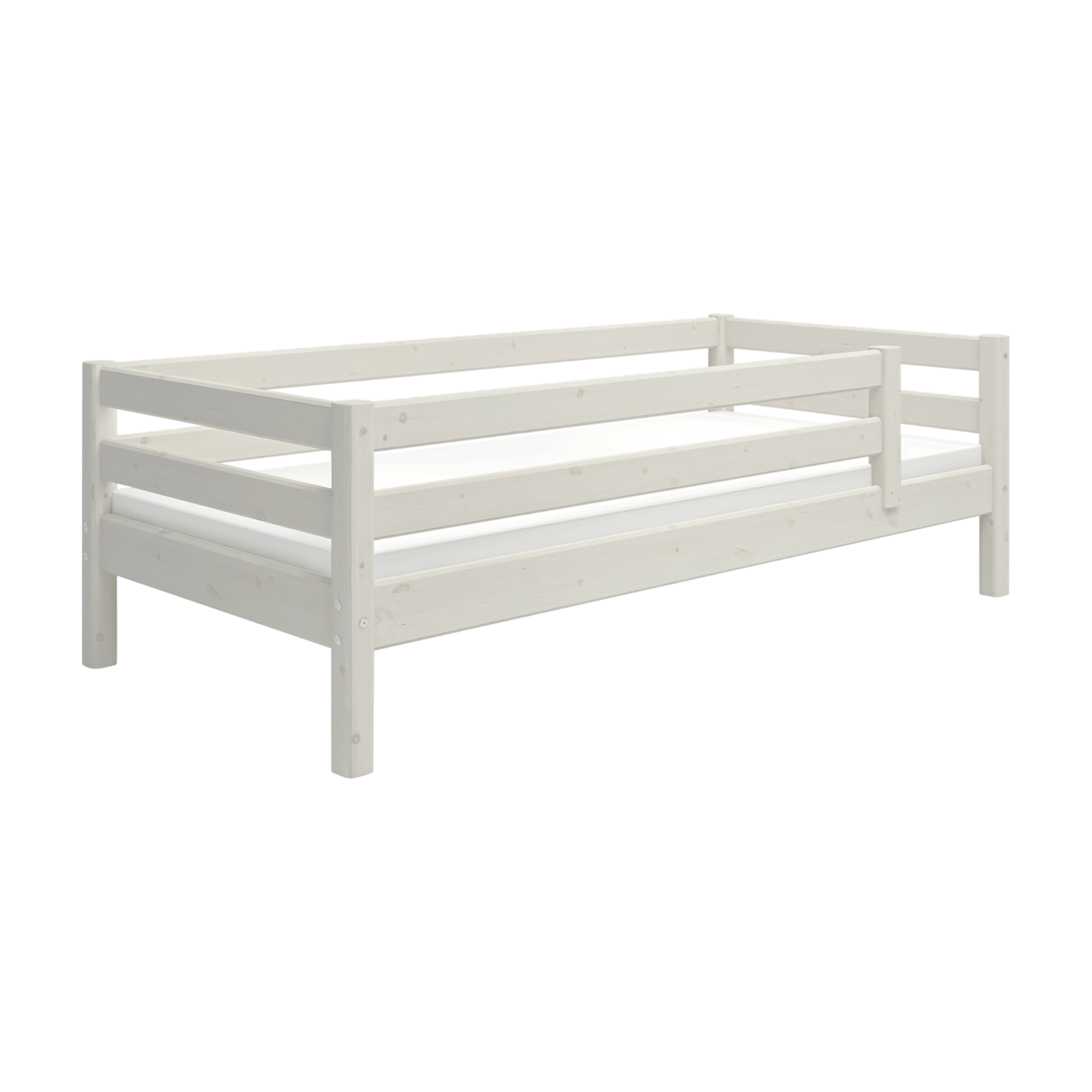 FLEXA WHITE children’s single bed with safety rail, Scandinavian design, all-white finish, shown on a plain white background.
