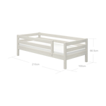 FLEXA single bed with safety rail, CLASSIC collection, white pinewood, child-safe edges, shown in a child’s bedroom.