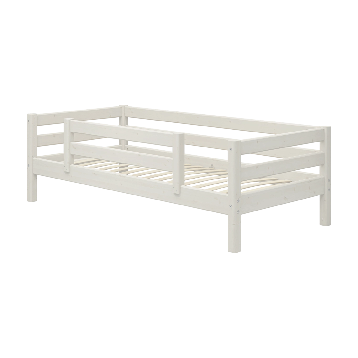 FLEXA single bed from WHITE collection, solid pine, white finish with safety rail and slatted base in child’s bedroom.