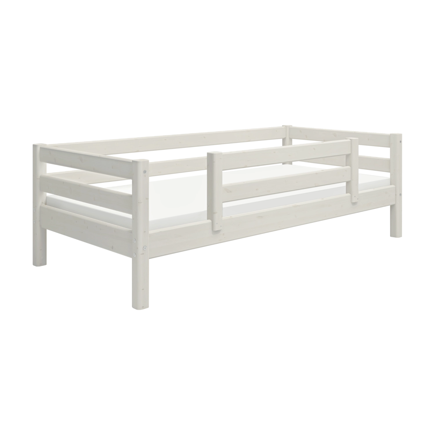 FLEXA CLASSIC white pine single bed with safety rail, shown in a childs room against a white backdrop.
