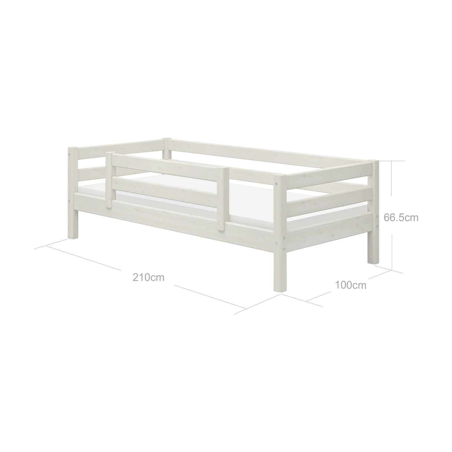 FLEXA white pine single bed with safety rail, child-safe design, from FLEXA collection, shown in a child’s bedroom.