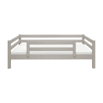 BARRIÈRE DE SÉCURITÉ FLEXA de couleur grise, vue de face, conception sécurisée pour la chambre denfant, sur un fond blanc uni.
