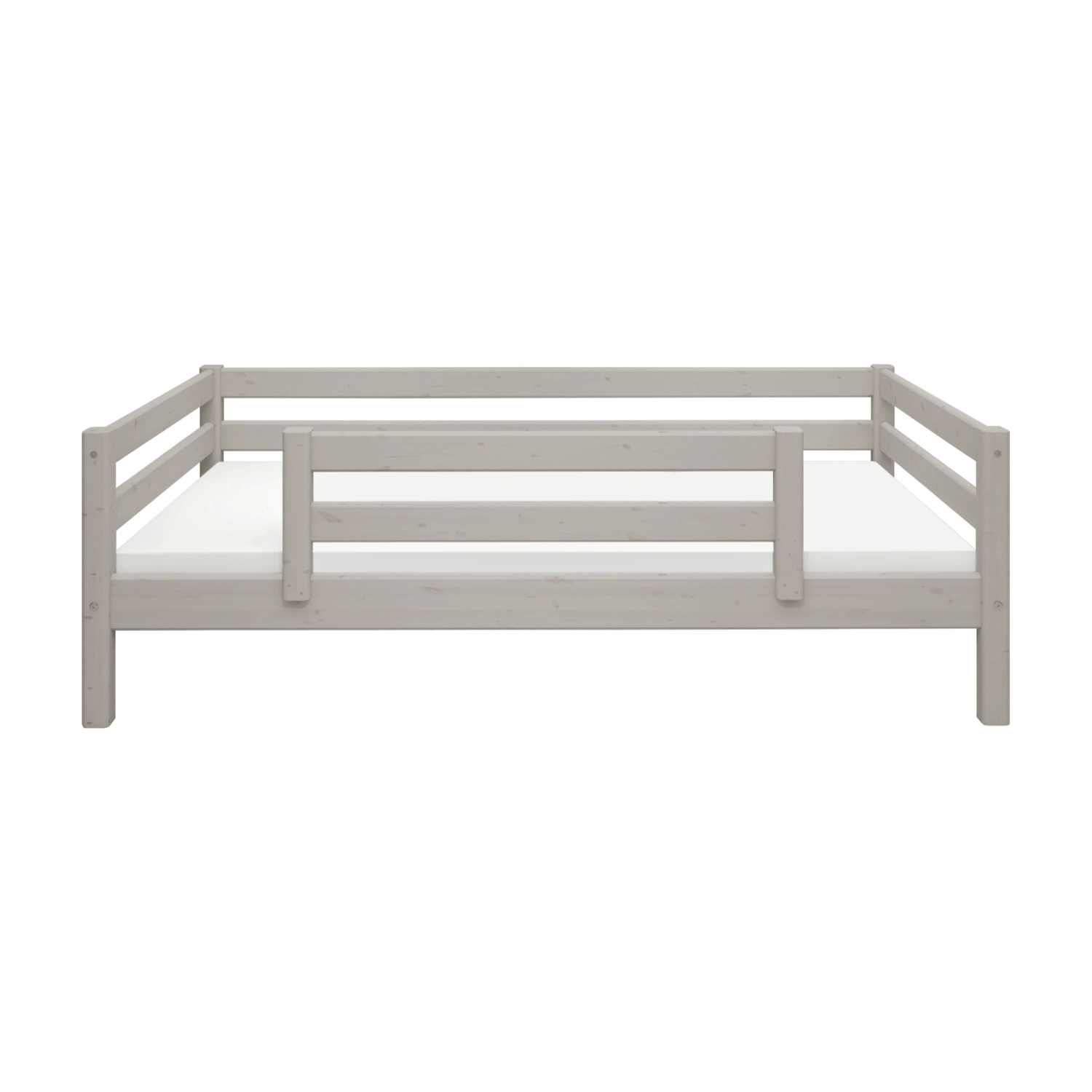 BARRIÈRE DE SÉCURITÉ FLEXA de couleur grise, vue de face, conception sécurisée pour la chambre denfant, sur un fond blanc uni.