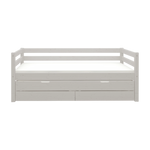 FLEXA-Einzelbett aus der CLASSIC-Serie in grauer Holzoptik, mit Ausziehbett, Schubladen und Sicherheitsgitter, vor einfarbigem Hintergrund.