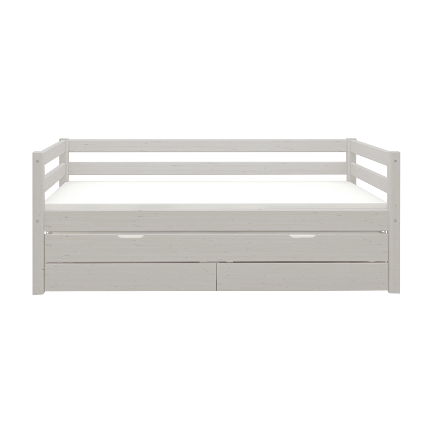 FLEXA-Einzelbett aus der CLASSIC-Serie in grauer Holzoptik, mit Ausziehbett, Schubladen und Sicherheitsgitter, vor einfarbigem Hintergrund.