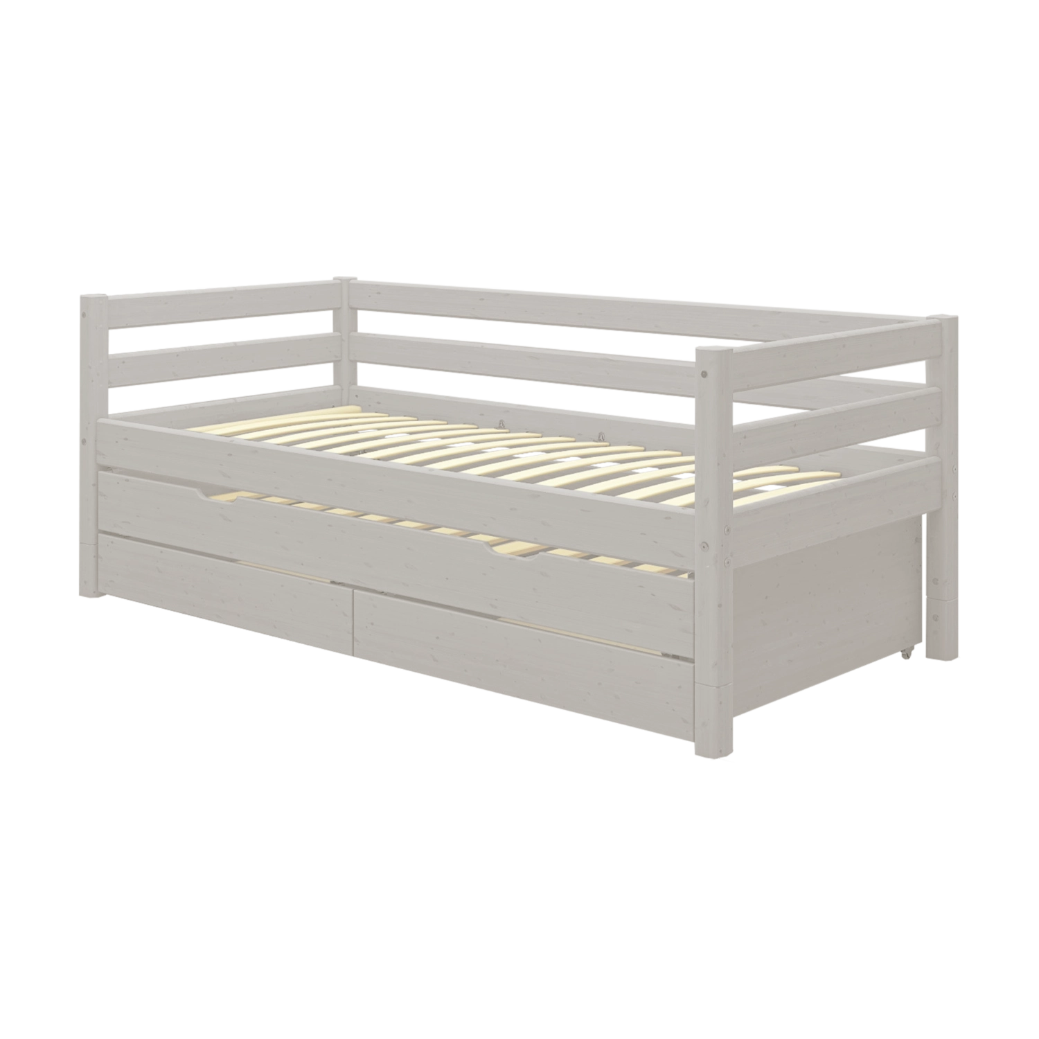 FLEXA-Einzelbett aus der CLASSIC-Serie in Grau mit Ausziehbett, Schubladen und Sicherheitsgitter; ideal für ein Kinderzimmer.