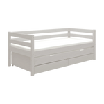 FLEXA-Einzelbett in Grau mit ausziehbarem Unterbett, Schubladen und Sicherheitsgitter, abgebildet in einem Kinderzimmer.
