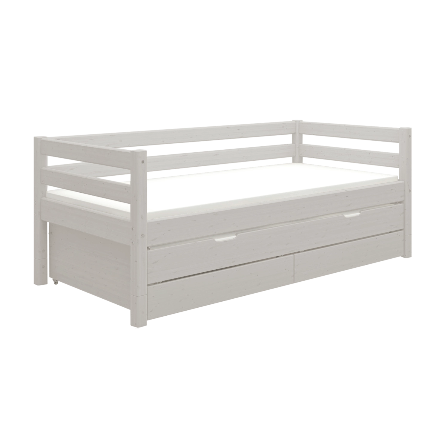 FLEXA-Einzelbett in Grau mit ausziehbarem Unterbett, Schubladen und Sicherheitsgitter, abgebildet in einem Kinderzimmer.