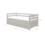 FLEXA-Einzelbett mit ausziehbarem Gästebett, grau, mit sichtbarem Stauraum und Sicherheitsgitter; abgebildet in einem Kinderzimmer.