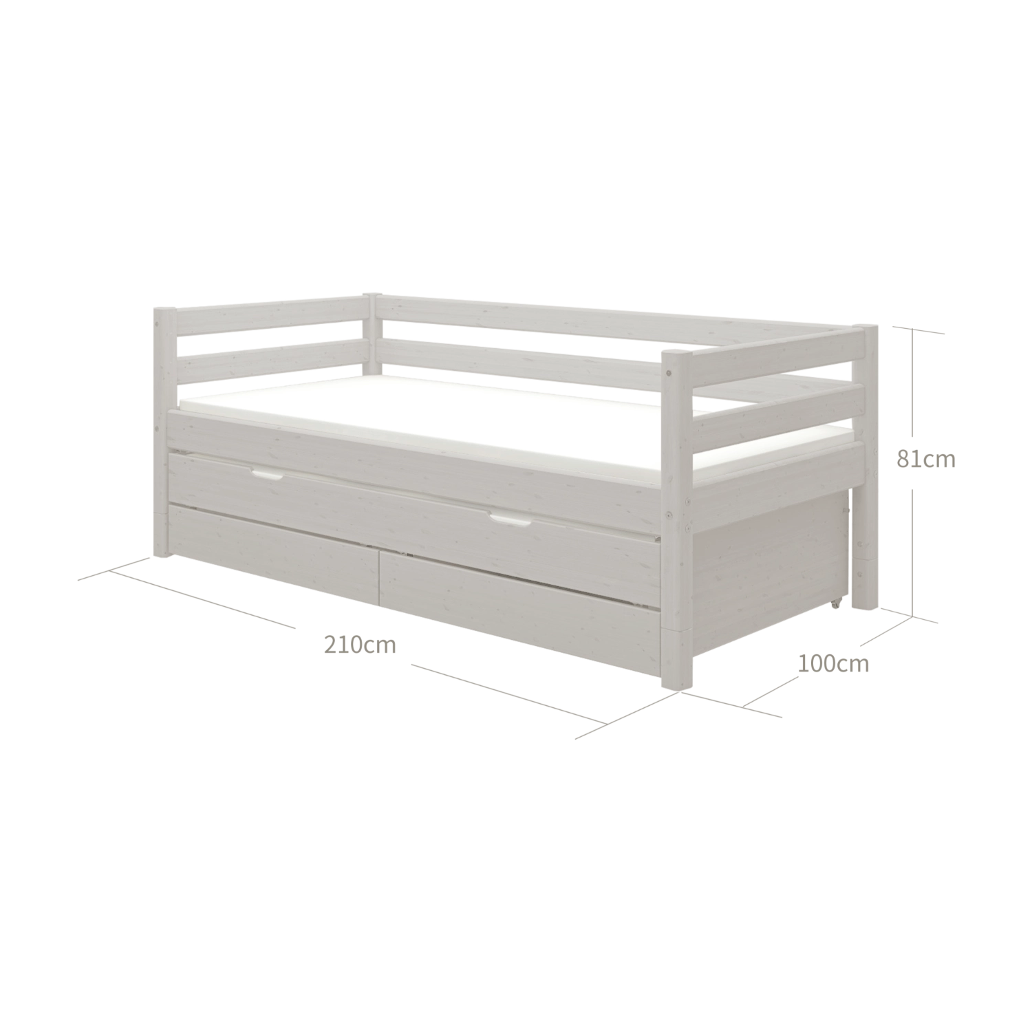 FLEXA-Einzelbett mit ausziehbarem Gästebett, grau, mit sichtbarem Stauraum und Sicherheitsgitter; abgebildet in einem Kinderzimmer.