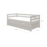 FLEXA-Einzelbett mit ausziehbarem Gästebett, grau, mit sichtbarem Stauraum und Sicherheitsgitter; abgebildet in einem Kinderzimmer.