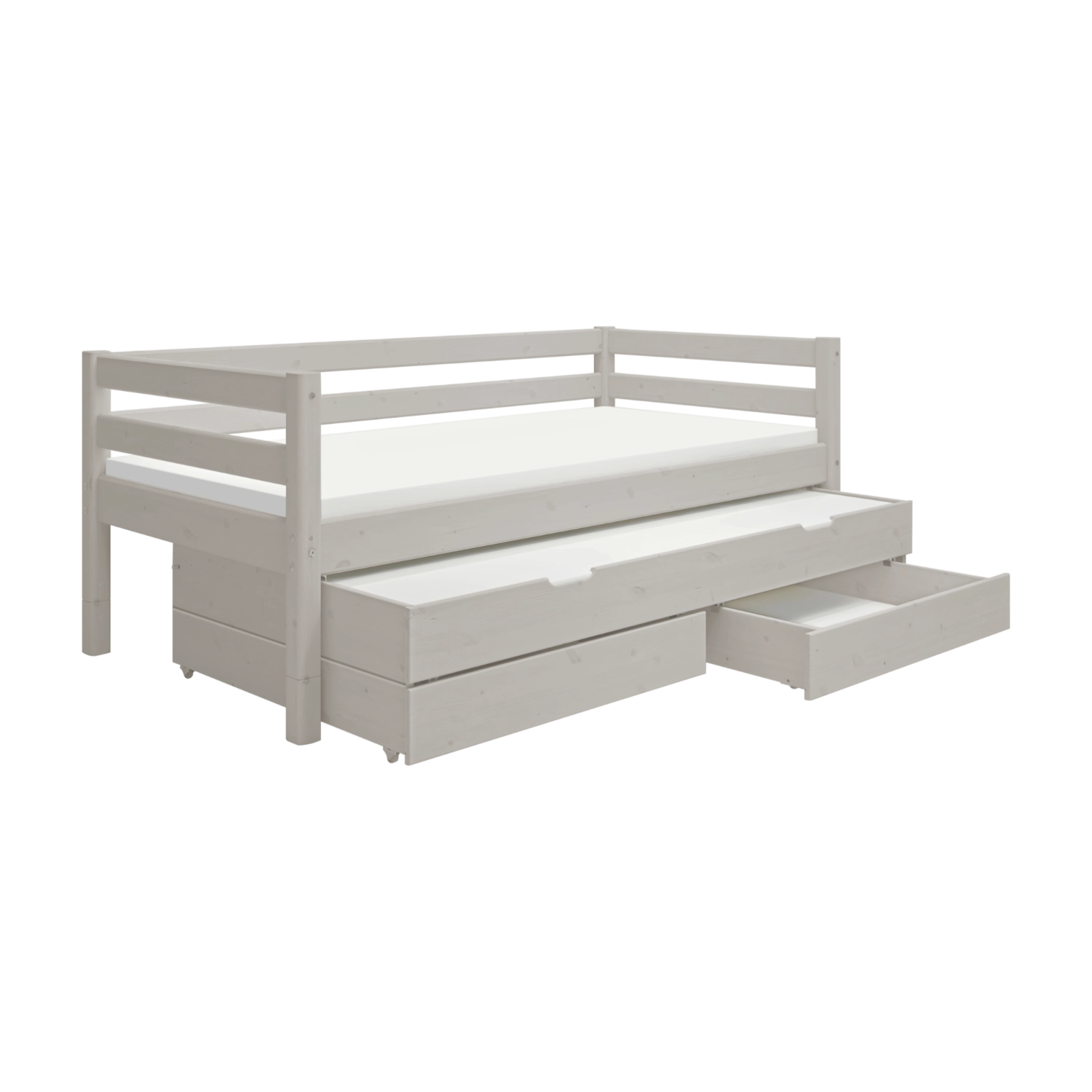 FLEXA Einzelbett in Grau mit ausziehbarem Gästebett, Schubladen und Sicherheitsgitter; im skandinavischen Stil für das Kinderzimmer.