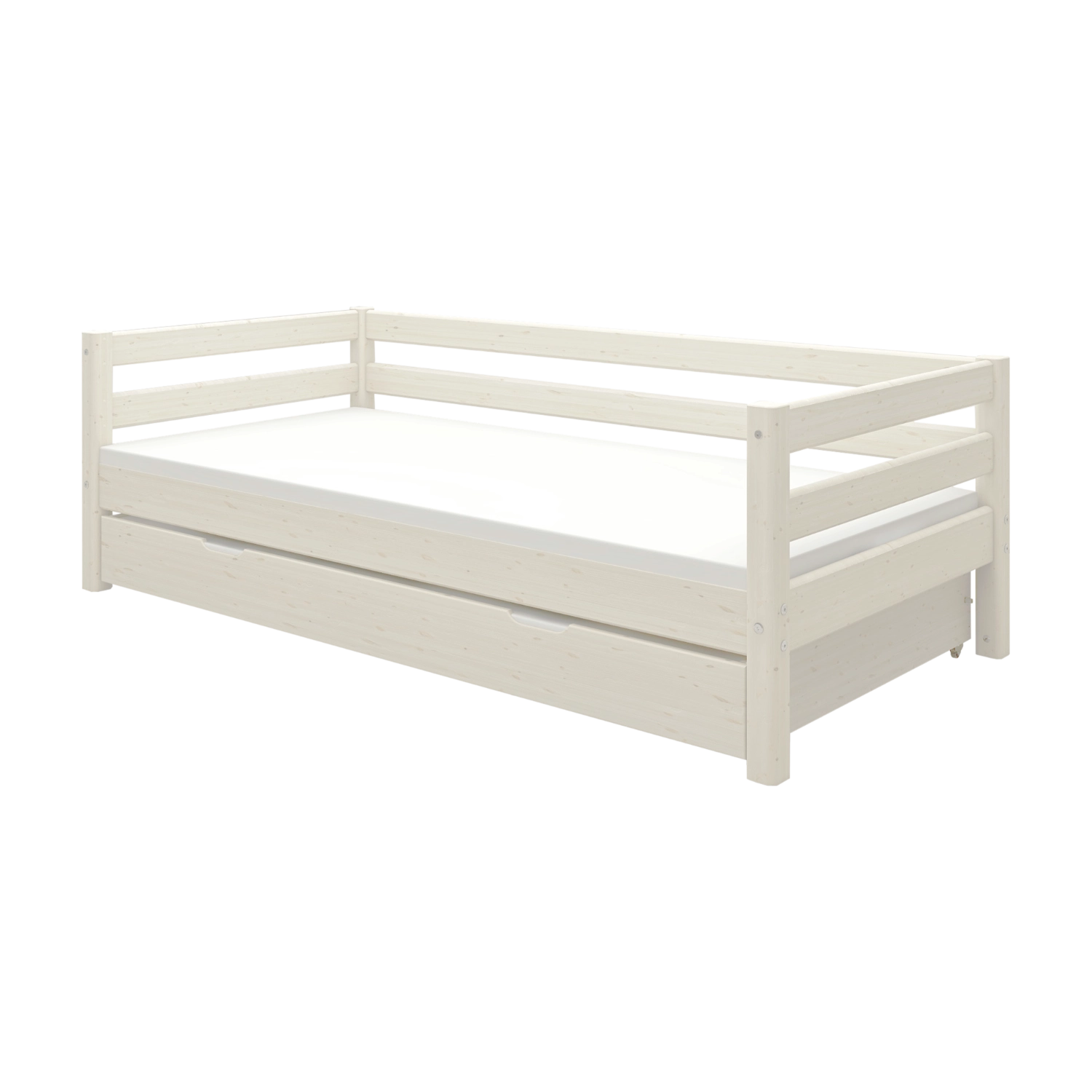 Lit FLEXA de la collection WHITE, lit simple 90 x 200 cm avec lit gigogne apparent, bords sécurisés pour les enfants, pour chambre denfant.