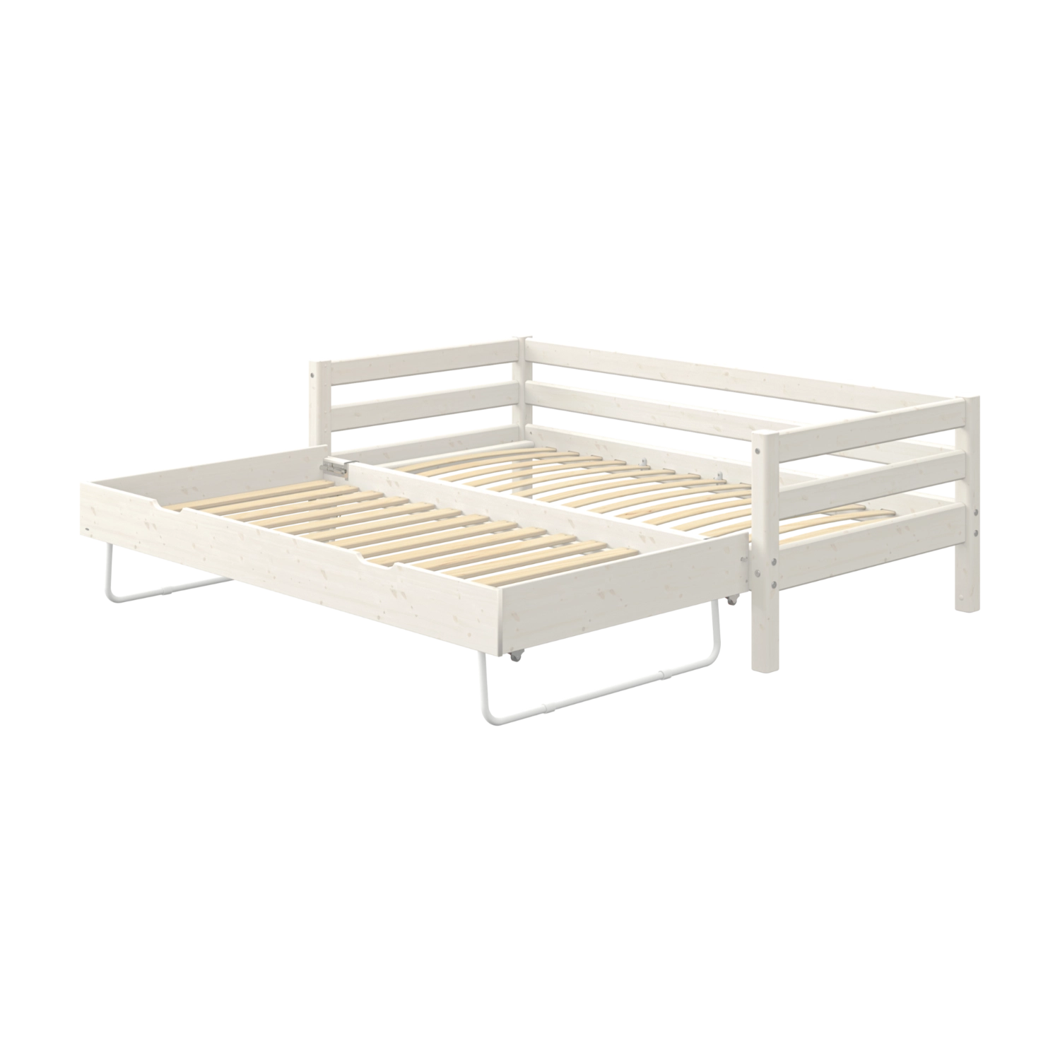 FLEXA-Einzelbett mit Ausziehbett, weiß, aus der CLASSIC-Kollektion; kindersichere Seitengitter, abgebildet vor einfarbigem Hintergrund.
