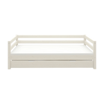 FLEXA CLASSIC weißes Einzelbett mit ausziehbarem Gästebett, sichtbaren Sicherheitsgittern, kinderfreundlichem Design vor schlichtem Hintergrund.