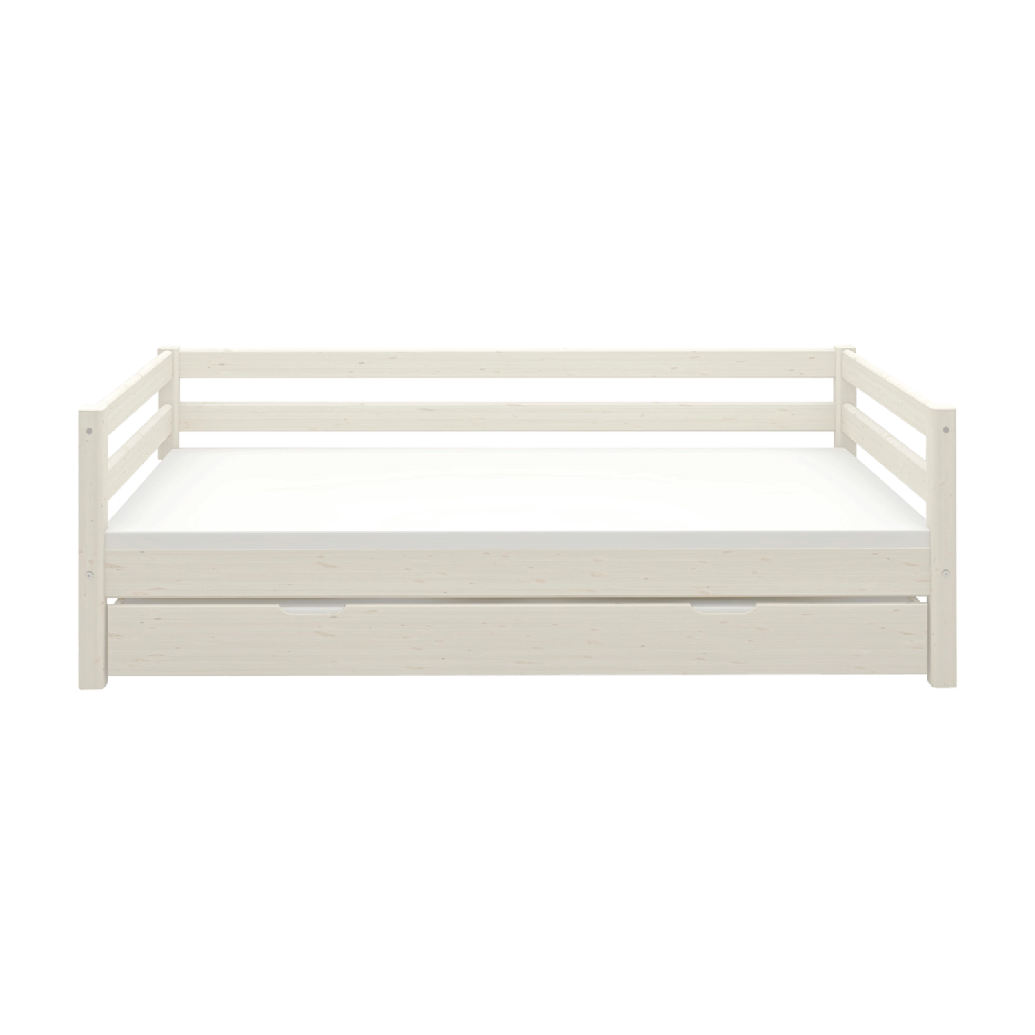 FLEXA CLASSIC weißes Einzelbett mit ausziehbarem Gästebett, sichtbaren Sicherheitsgittern, kinderfreundlichem Design vor schlichtem Hintergrund.