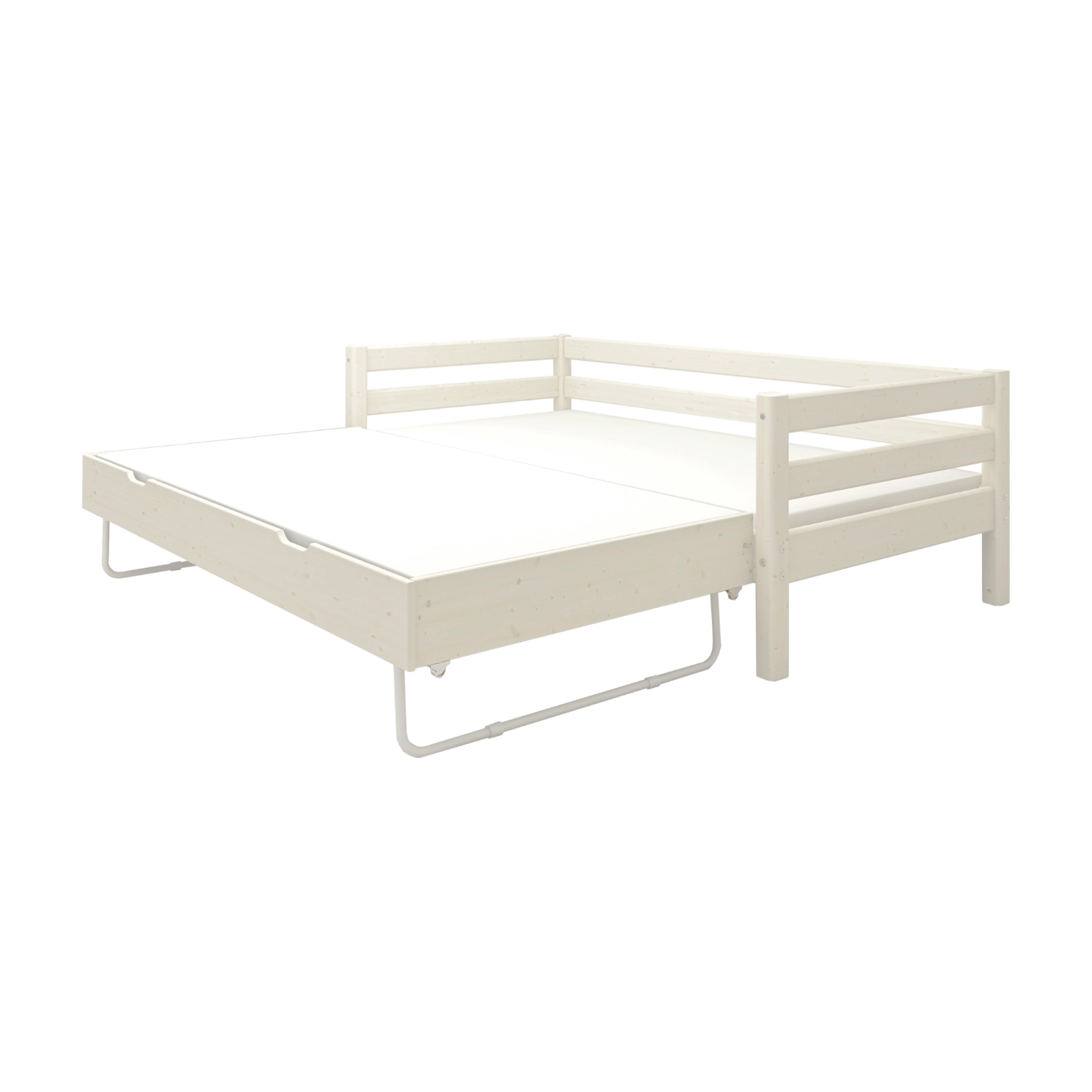 FLEXA Einzelbett aus weißem Holz mit ausziehbarem Gästebett, beide ausgezogen; kindersichere Kanten, geeignet für Kinderzimmer.