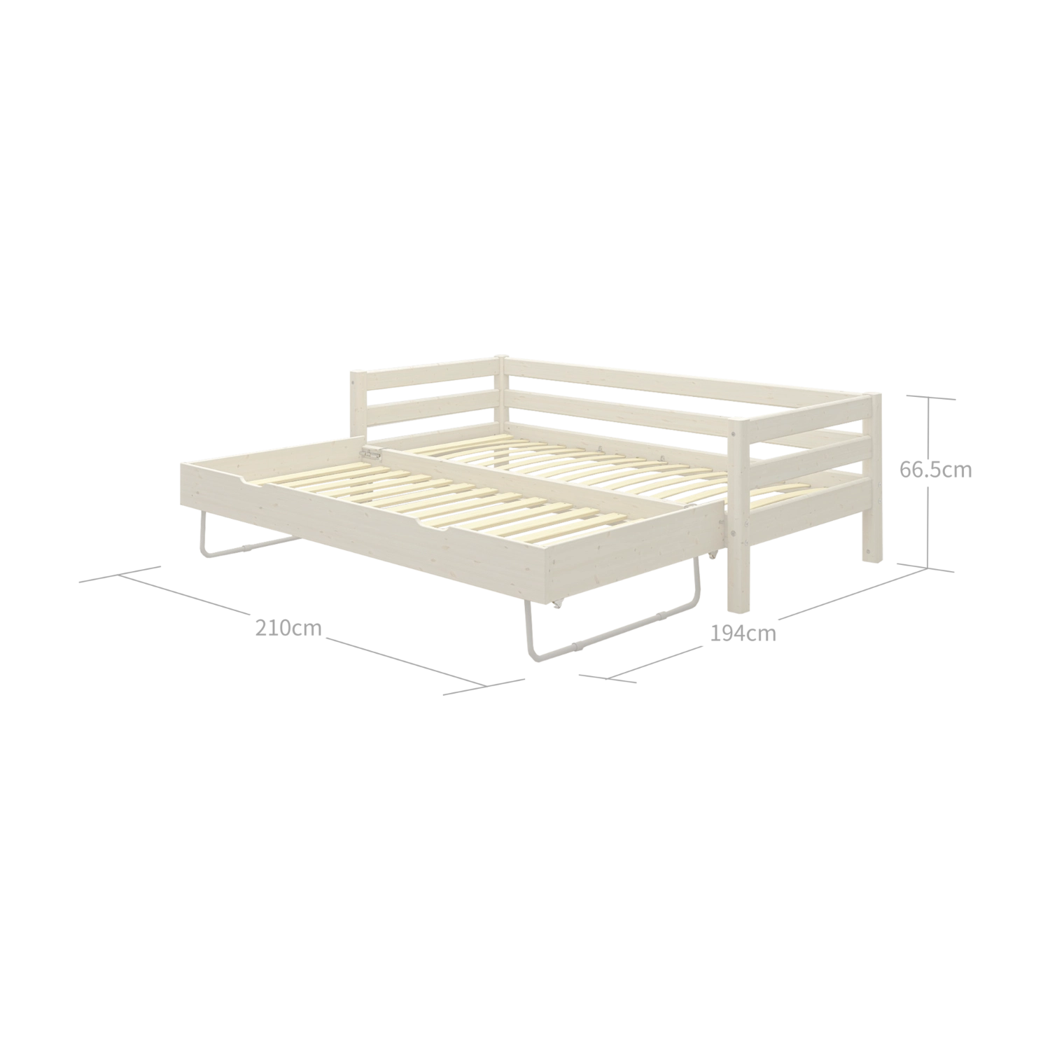 FLEXA Einzelbett und ausziehbares Gästebett, weißes Holz, Kollektion CLASSIC, abgebildet in einem Kinderzimmer mit sicheren, abgerundeten Kanten.