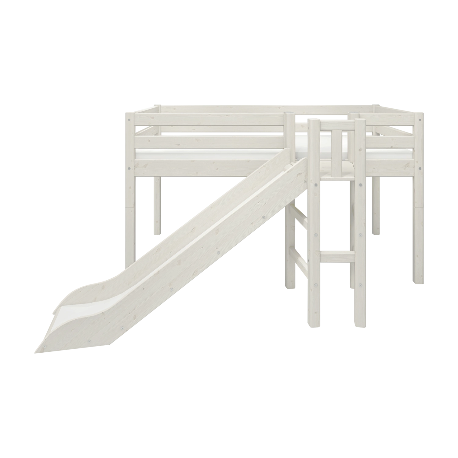 FLEXA Weißes Hochbett mit Rutsche und Sicherheitsgeländer, 90 x 200 cm, modernes, kindersicheres Design, abgebildet vor einfarbigem Hintergrund.